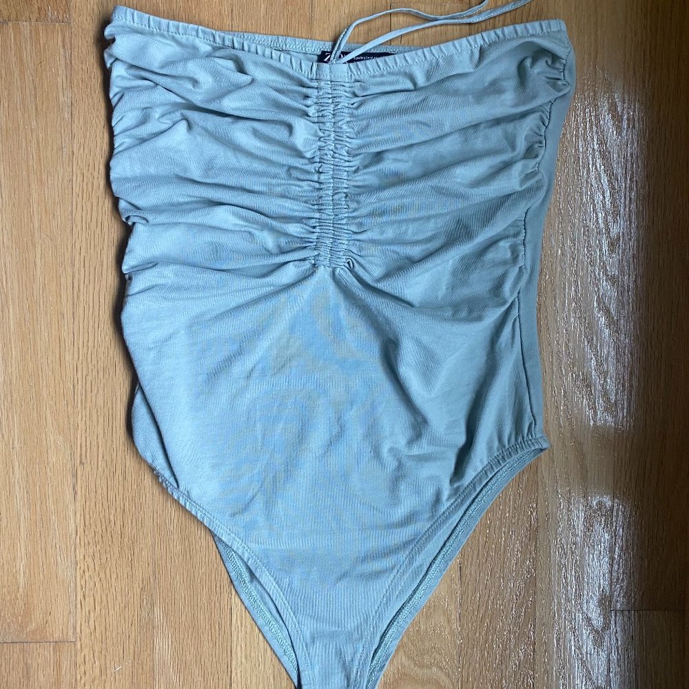 Zara green ruched bodysuit with ties